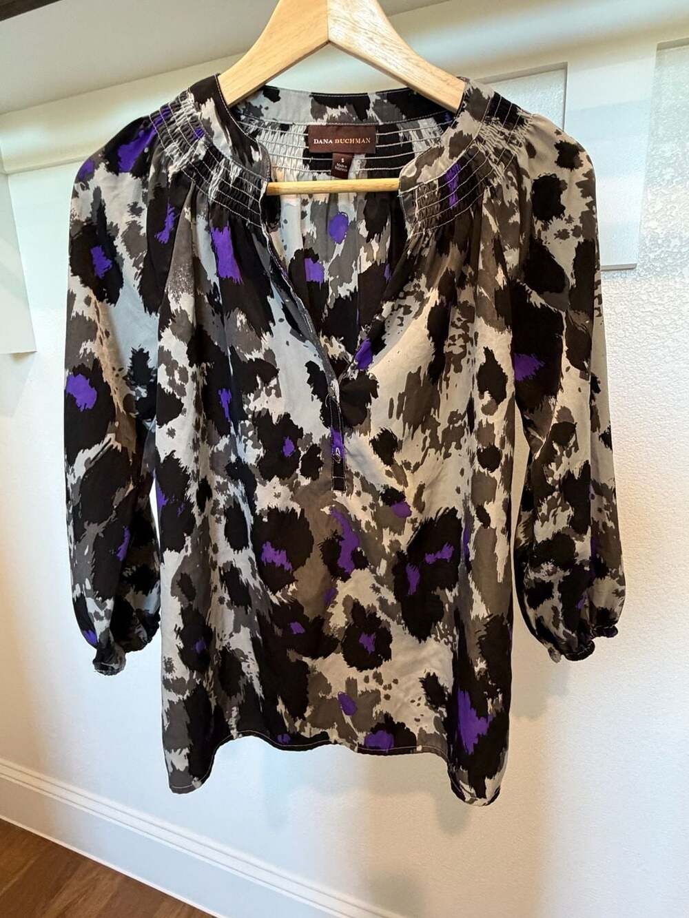 Dana Buchman 3/4 Sleeve Smocked Neck Blouse in Purple Abstract Print